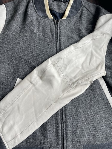 DKNY Grey Wool Cream Leather Sleeved Varsity Baseball Jacket XXL Please Read - Picture 11 of 15