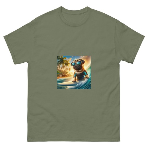 Men's classic tee Unisex Tee Shirt Pug Surfer Design - Picture 5 of 9