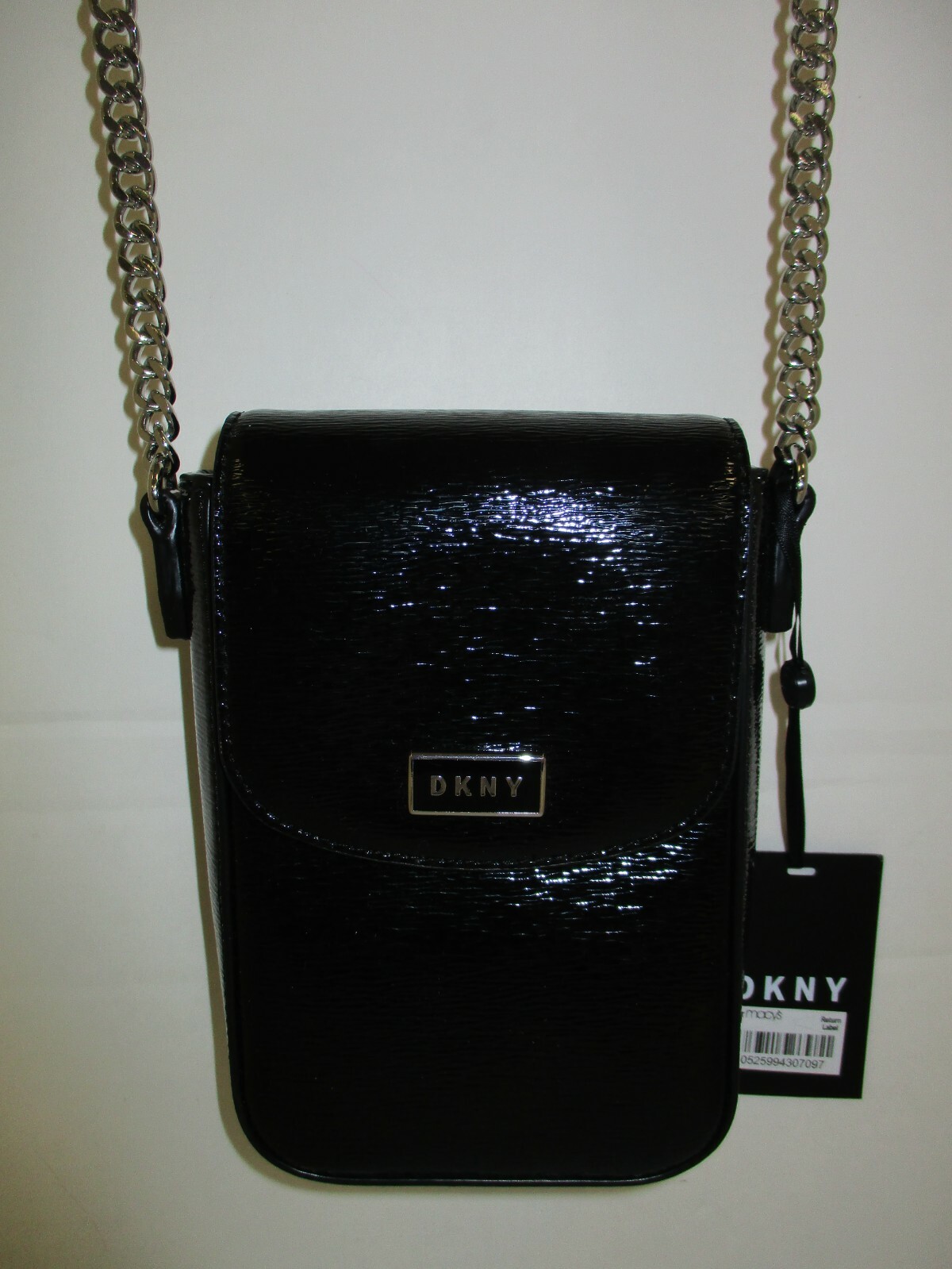 DKNY Mini Crossbody North South Phone Case Patent Leather Black Silver Chain NWT