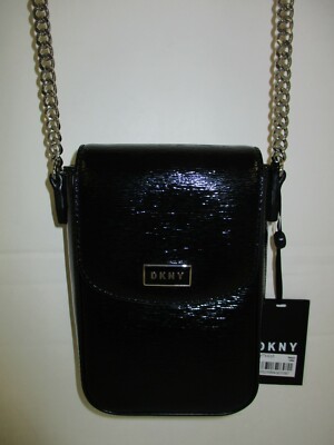 DKNY Mini Crossbody Bag Phone Case Black Patent Leather Silver Chain Strap NWT