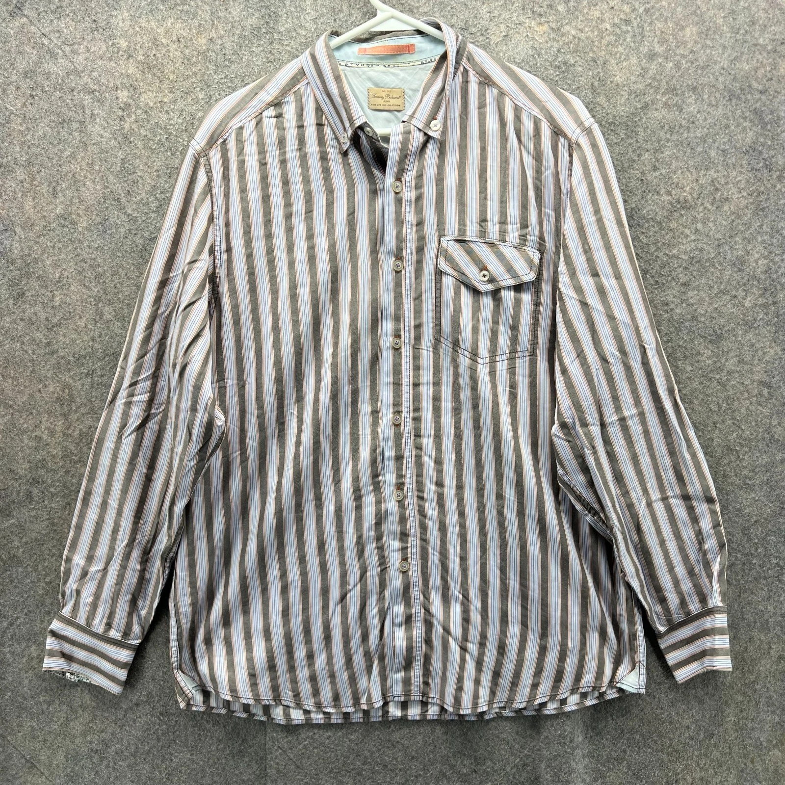 Tommy Bahama Shirt Mens Medium Blue Orange Striped Button Down Preppy Cotton