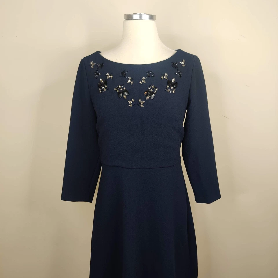 Vestido Banana Republic Talla 2 Joya Adornado Manga 3/4 Cambio Azul Marino Foto 2 de 4