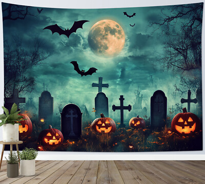 Creepy Pumpkin Spooky Cemetery Halloween Tapestry for Bedroom Living Room Dorm