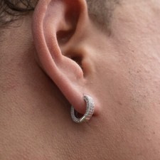 White Gold Plated Sterling Silver Post Mens Iced Small CZ Huggie Hoops Earrings