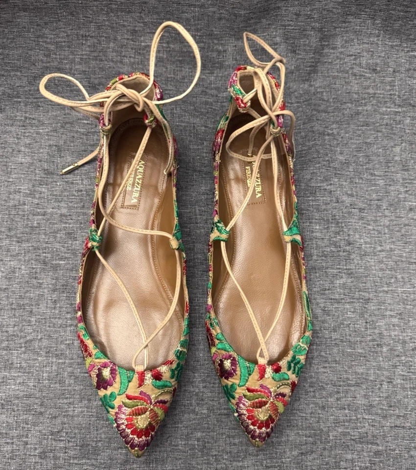 Aquazzura Christy Bordado Floral Lona Punta - Puntera Plana UE 37.5 EE. UU. 7.5 Foto 2 de 4