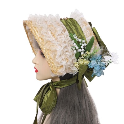 Victorian Women Poke Bonnet White Blue Floral Green Bowknot