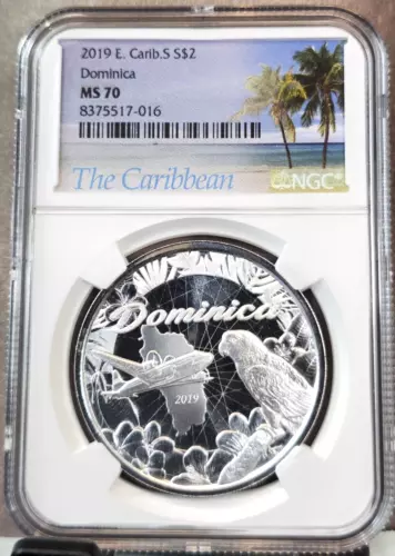 2019 EAST CARIBBEAN SILVER 2 DOLLARS S$2 DOMINICA BEAUTY NGC MS 70 RARE
