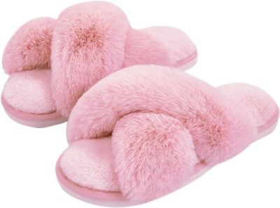 Metog Women's Fuzzy Slippers House Slippers Cross Band Slippers Indoor Outdoor