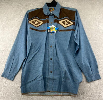 Vintage Lobo Riders Shirt Mens Small Denim Blue Brown Star Cowboy Gaucho Western
