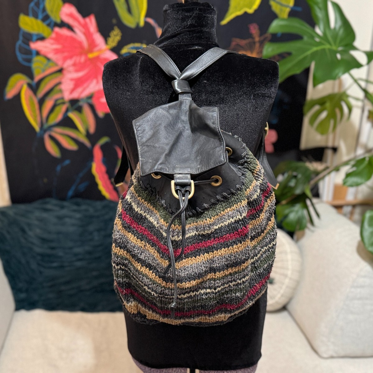 L.B. Evans Handknits Drawstring Backpack Bag, Multi-Color 