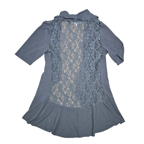 Decree Women's size M Drapey Rib Knit Hem Lace Back Open Cardigan Sweater Gray - Picture 2 of 11