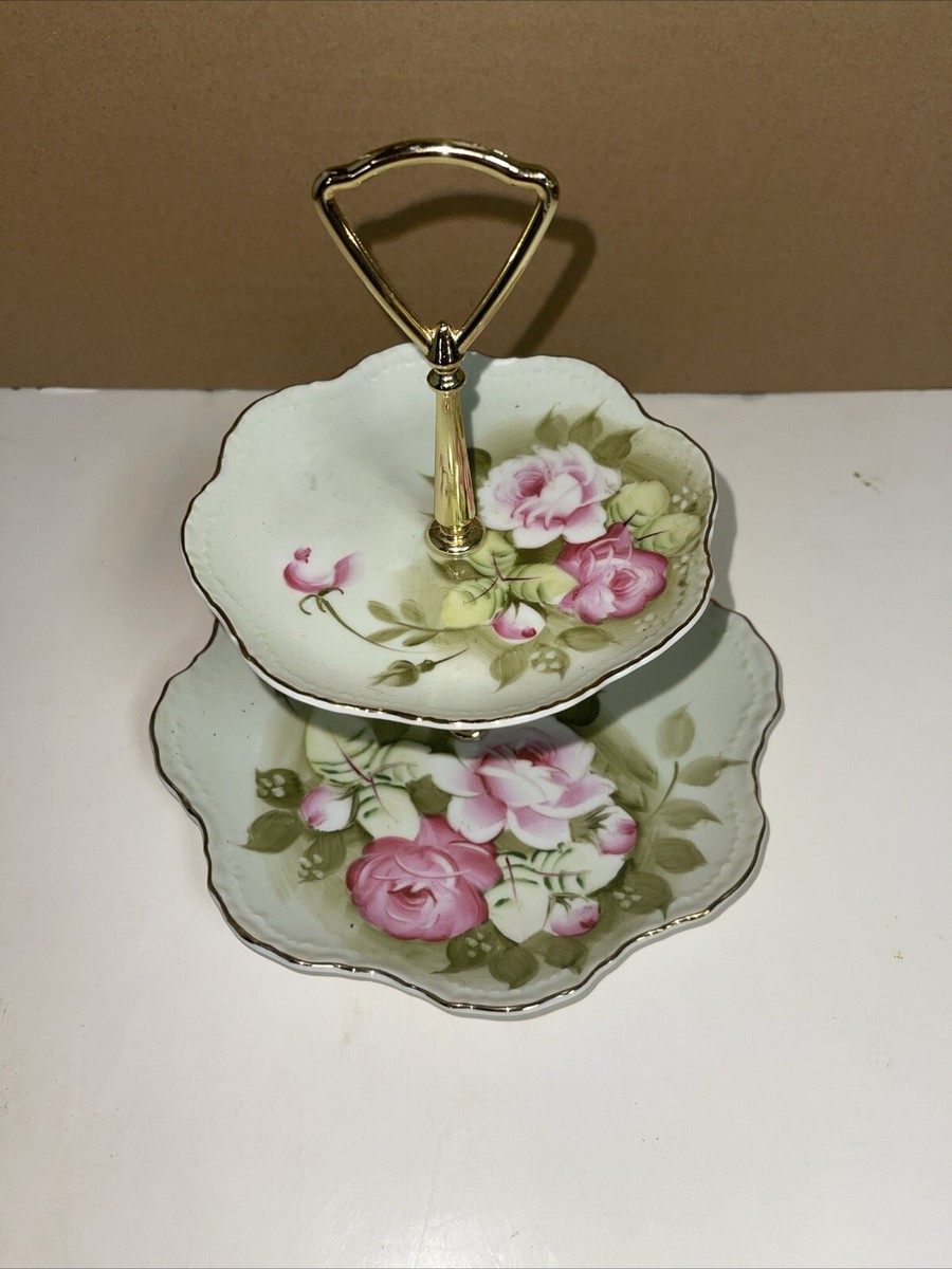 Lefton GREEN HERITAGE Hand Painted Two Tier Tray #1153 | eBay