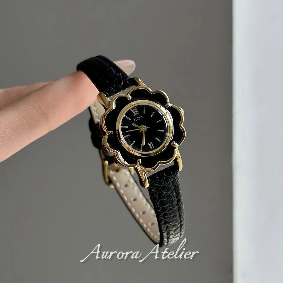 Reloj con correa de cuero PU camelia para mujer - esfera floral, cuarzo, regalo de moda Foto 2 de 4