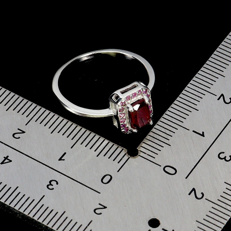 925 Anello Argento Sterling Ottagono Rubino 6x4mm Naturale Gemma Gioielli Misura - Immagine 3 di 4