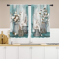 Farmhouse Teal Kitchen Curtains 27.5W x 39L Inch Small Mini Floral Turquoise ...