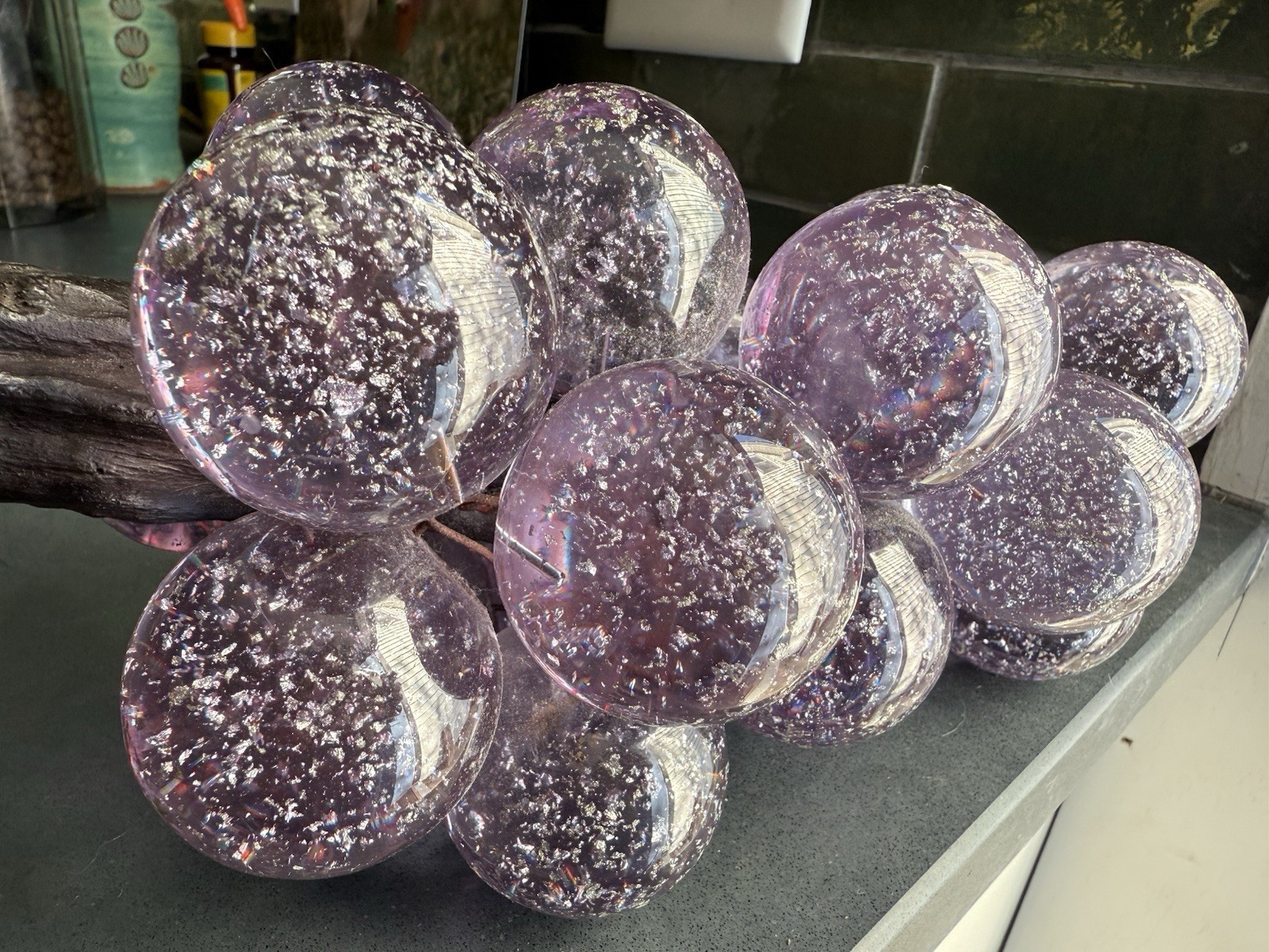 VTG  Purple Grape Cluster Silver Flakes  Mid century Modern Big 13” Long