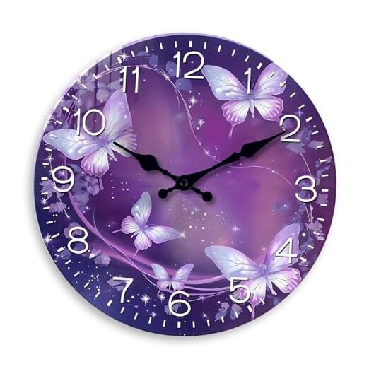 Purple Wall Clock for Girls Bedroom Analog Butterfly Wall 12