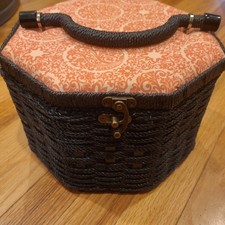 Vintage Sewing Basket With Handle | Orange Fabric Black Woven Travel Organizer