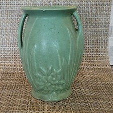 VINTAGE Nelson McCoy Green Two Handle Matte Vase Leaves Flowers c 1930's 6 in.