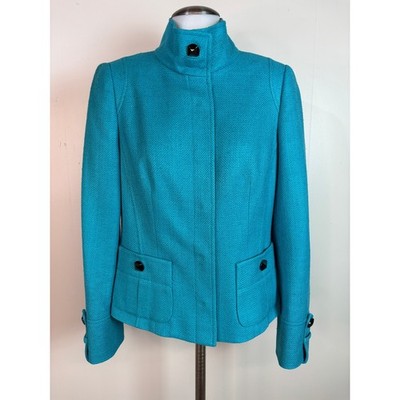 Carlisle Jacket 6 Teal Blue 100% Silk Funnel Neck Woven Textured Blazer Women