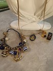 Nautical Anchor Jewelry Set Necklace Earrings Bracelet Navy Blue Gold Tone  — photo 4