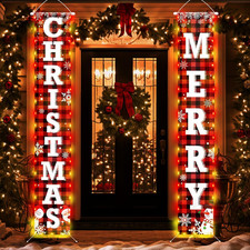 71 X 12 Inches Merry Christmas Door Banner for Doorway, Large Red and Black Plai