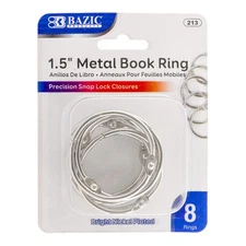 BAZIC 1.5" Silver Metal Book Rings for Flashcards, Binders, Keychains (8-Pack