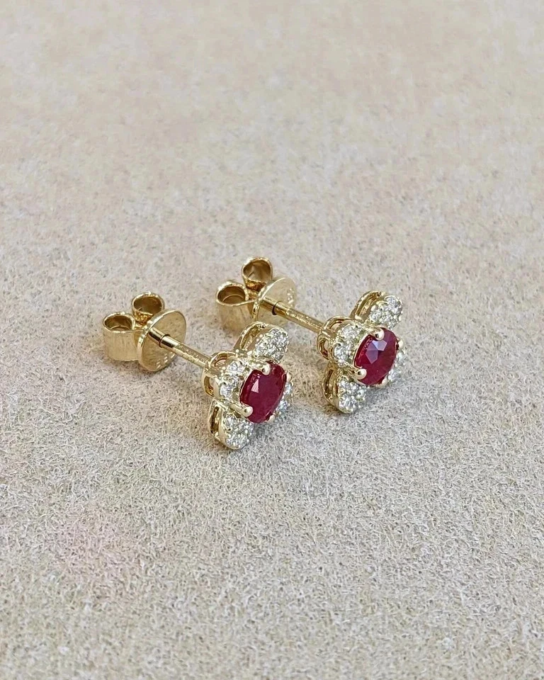 0.99Ct Round Natural Red Ruby Diamond Stud Dainty Earrings Solid 14k Yellow Gold - Image 3 of 4