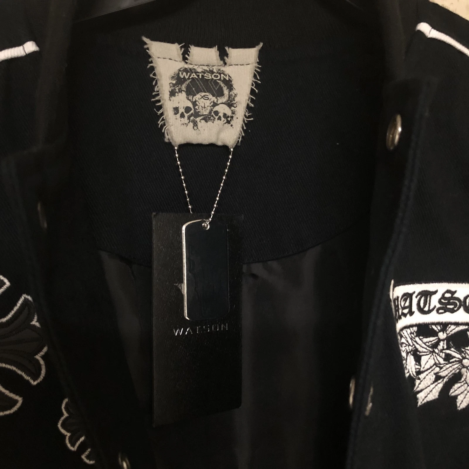 Watson Hearts Black Embroidered Skull Cross Bomber Jacket Snap-Front Button XS image 5