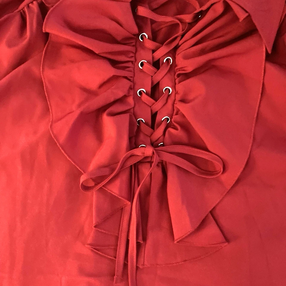 Medieval Renaissance Mens Pirate Shirt XXL Red Ruffle Lace Up Neck - Image 3 of 4