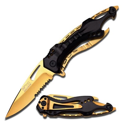   Spring Assisted Folding Knife   Partially Serrated Gold TiNite Coated Stain...
