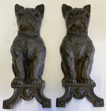 Antique French Bulldog Or Boston Terrier Cast Iron Andirons Firedogs Glass Eyes