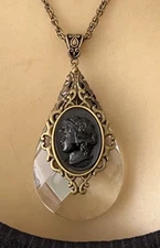 Victorian Revival Necklace Huge Black Cameo Antique Crystal Lamp Prism Pendant