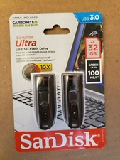 2 SanDisk Ultra USB 3.0 Flash Drives CZ48 New Sealed 2 x 32GB Up To 100 MB/s
