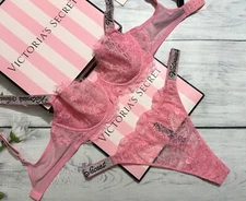 Victoria's Secret Wicked Shine Strap Bra Thong Set Very Sexy Lace Pink Roses