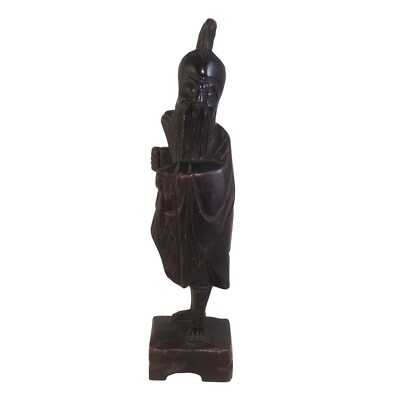 VTG Hand Carved Wood Asian Man 12'' Statue Figurine Dancing Laughing Dark-Tone