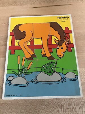Vintage 1985 Playskool Horse Wooden Wood Tray 5 Pc Puzzle 186-07 USA Frog Lake