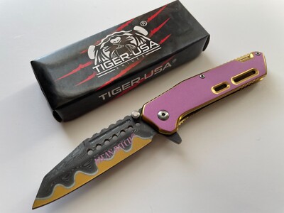Tiger-USA 7.5'' Damascus Etched Spring Assisted Folding Knife Gold Pink P-713-H