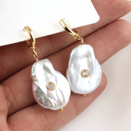 CZ Quartz Baroque Keshi Pearl Drop Earrings Gold Plated Bridal Clip on Earrings - Picture 2 of 4