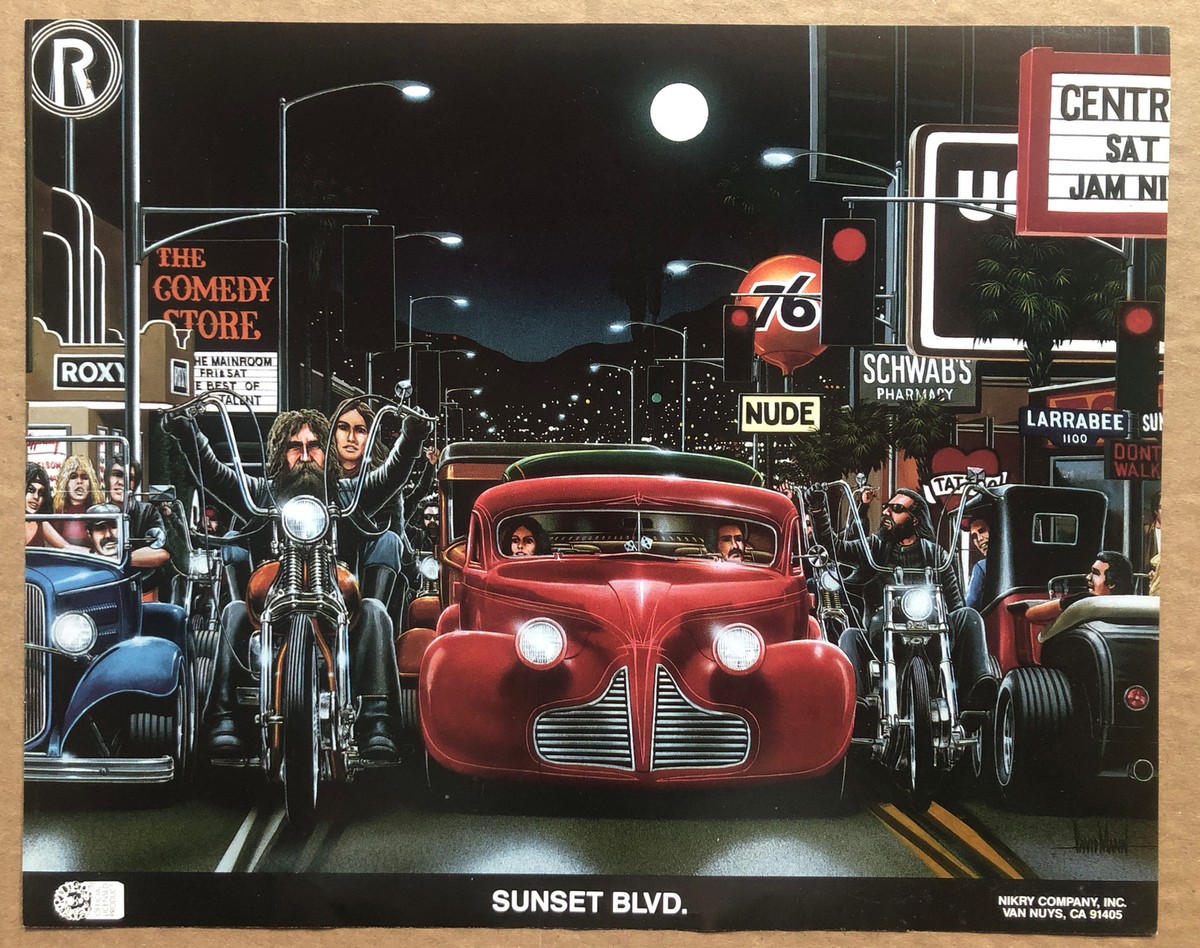 Vintage Sunset Blvd Poster Hot Rod Motorcycle Biker Gang David