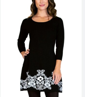 BCX Office Work Fit and Flare Sweater Dress Womens Sz Small Black White Stretch