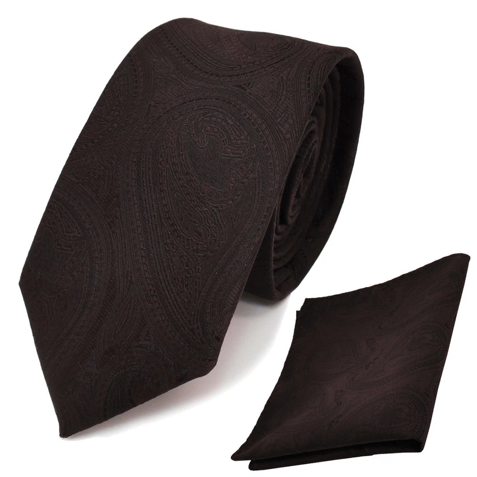schmale TigerTie Krawatte + Einstecktuch in braun dunkelbraun paisley gemustert - Bild 1 von 1