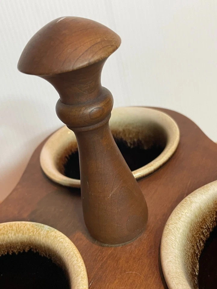 MCM 70s USA Pottery Brown Drip Glaze Stoneware Condiment Caddy Wood Lazy Susan - Image 3 of 4