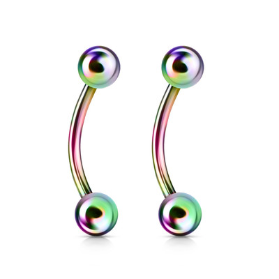 Pair Of 16g, 14g Rainbow Titanium Eyebrow Rings, Curved Barbells 