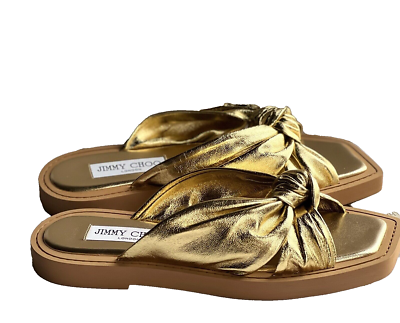 Jimmy Choo Tropica Knotted Metallic Leather Flat Slide Sandal Gold