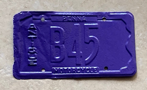 Pennsylvania ANTIQUE MOTORCYCLE license plate 1970s LOW NUMBER B45 Purple PA m/c