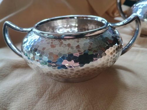 ANTIQUE JAMES DIXON & SONS EPBM SILVER PLATED HAND HAMMERED 3 PIECE TEA SET E846 - Picture 6 of 8