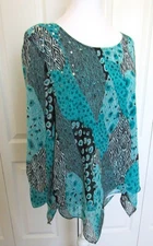 STYLE & CO SIZE   MEDIUM  WOMEN'S BLOUSE TOP AQUA BLACK PRINT 3/4 SLEEVES