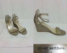 Stuart Weitzman Wedge Sandals US Women's 8 Gold Glitter Ankle Strap J3738