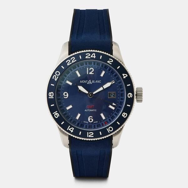 Montblanc Mens GMT Automatic Watch Blue Dial Stainless Steel Case Luxury